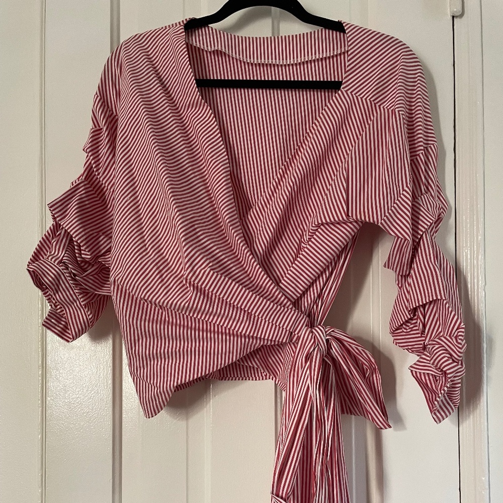 Zara Woman Wrap Shirt with Red and White Stripes